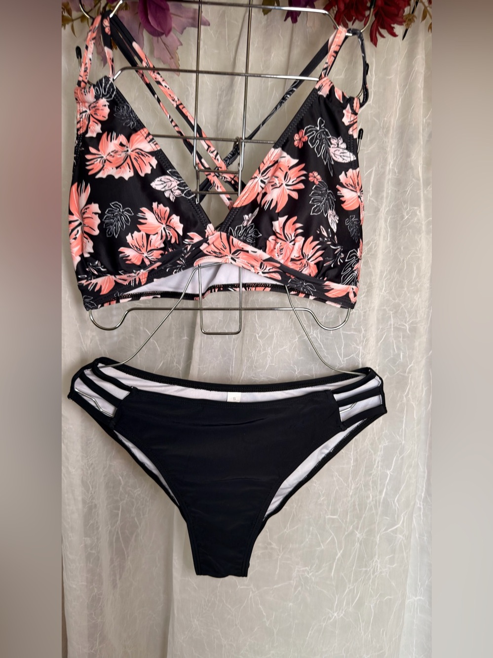 Black Floral Strappy Bikini Set with Coral Accents